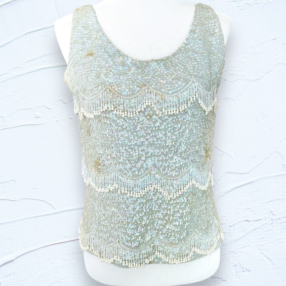 Vintage 1950s 1960s Sequin and Pearl Beaded Wool Top Glam Mad Men